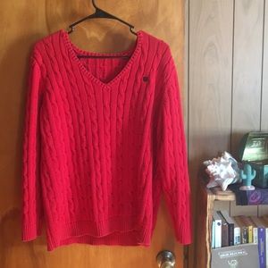 Chaps Red Vneck Cable Knit Oversized Sweater